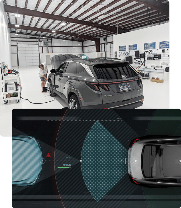 A split image of a PACE technician working on an SUV's front sensor along with a diagram of how it works.